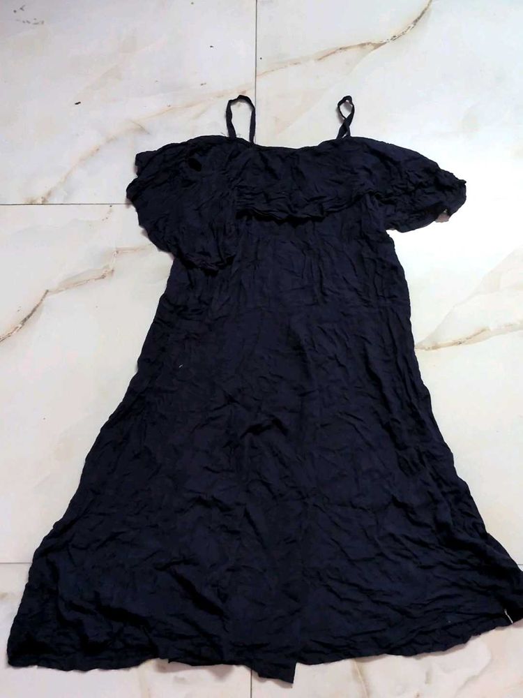 Navy Blue Off-Shoulder Ruffle Dress
