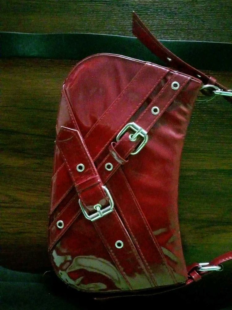 Red  Burgundy Buckled Shoulder Bag