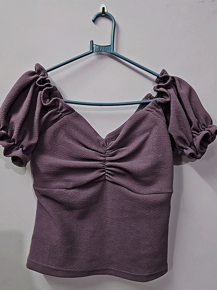 Lavender Textured Off-shoulder Ruched Crop Top