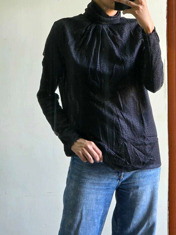 Elegant Black Textured Mock Neck Top