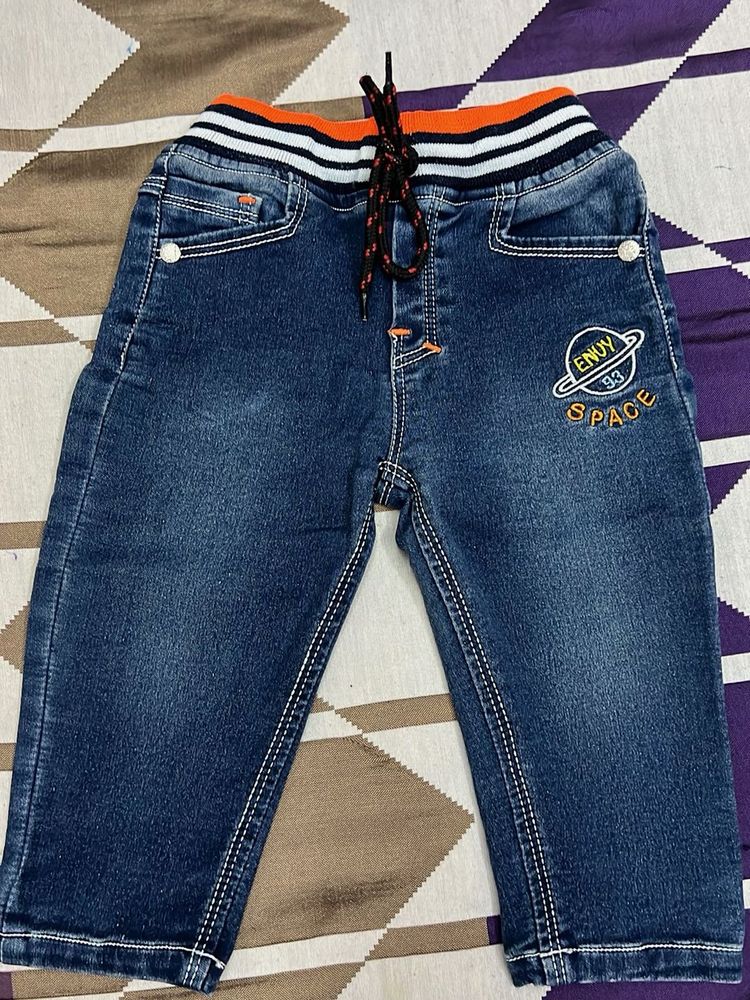 Comfy Kids' Drawstring Jeans with Space Patch