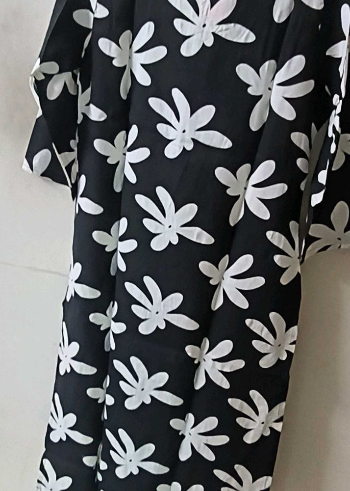 Black Kurta with White Floral Print