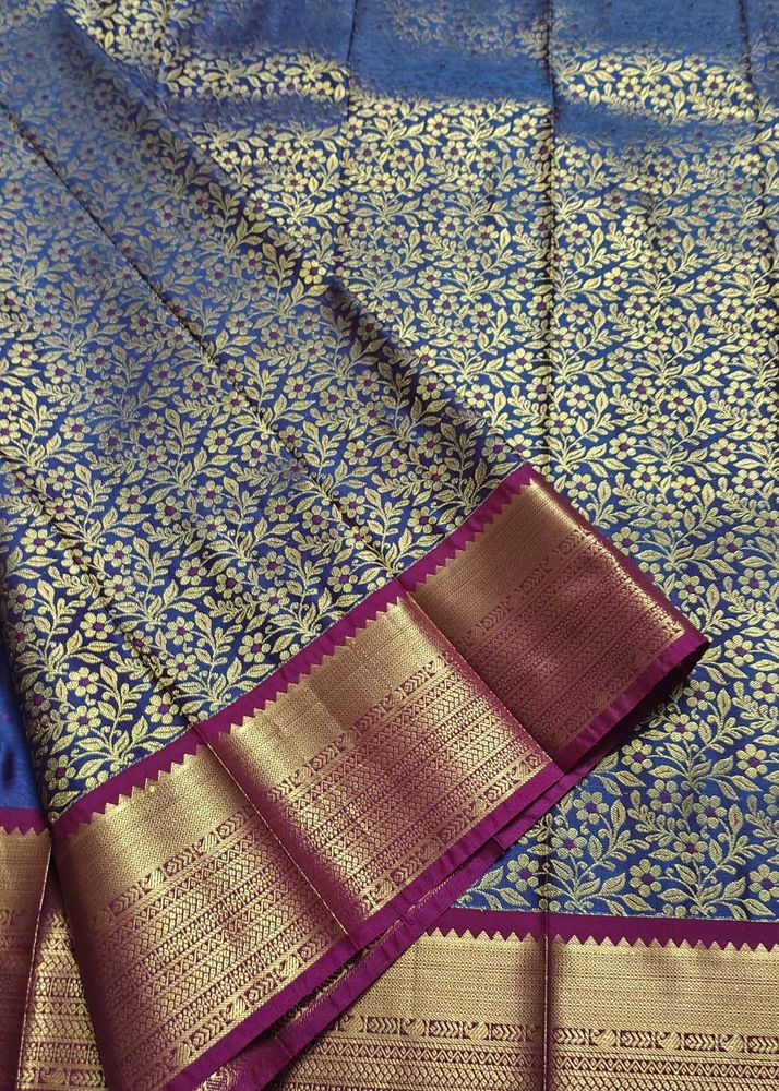 Beautiful Blue Floral Silk Saree
