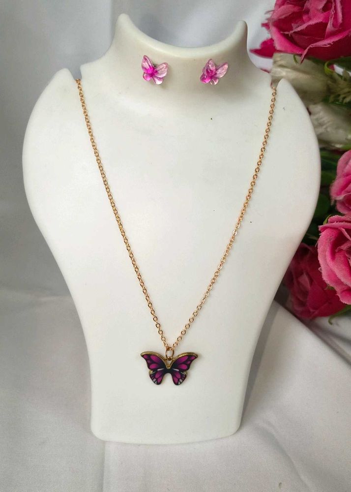 Butterfly Purple Metal Necklace and Earrings Set