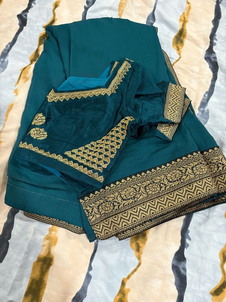 Stunning Teal Saree With Ready Blouse