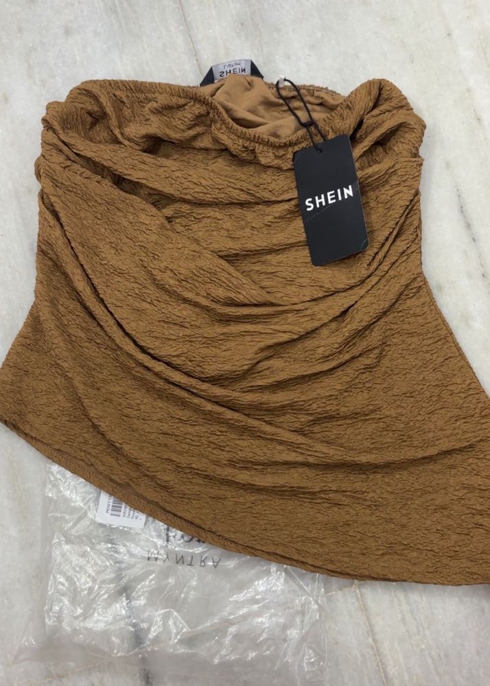 SHEIN Brown Ruched Strapless Top