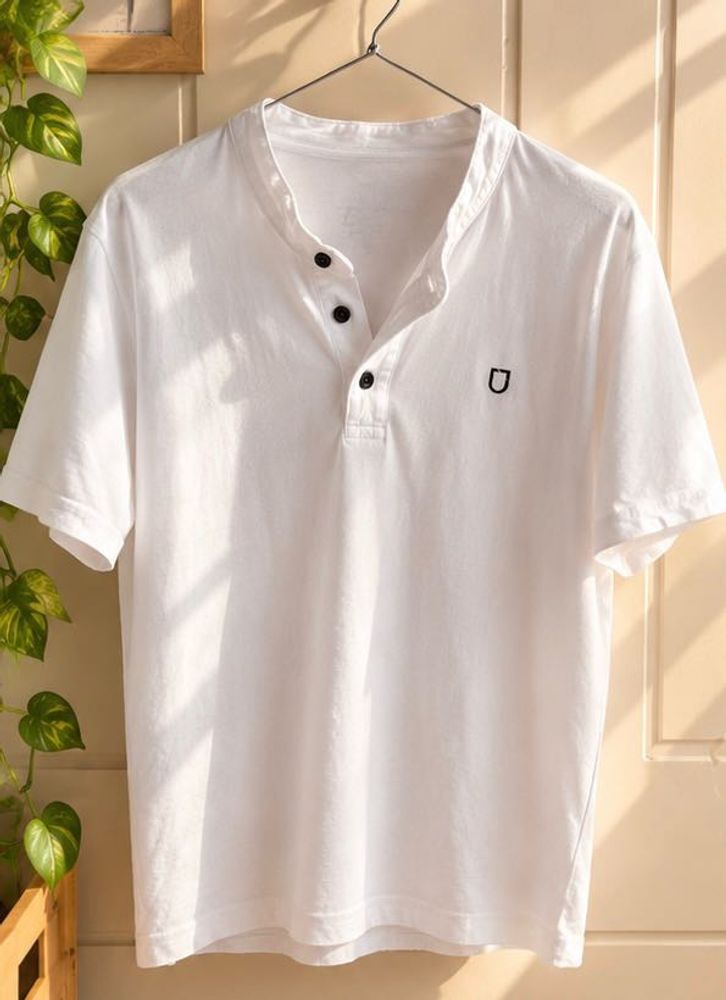 Men's White Henley Neck T-Shirt