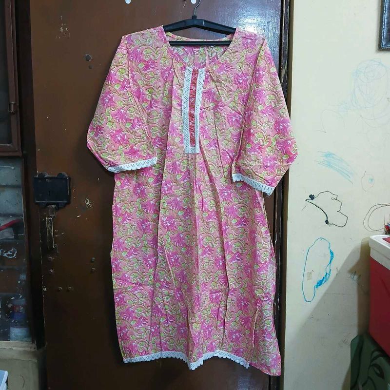 Pink Floral Print Kurta with White Lace (2 kurti)