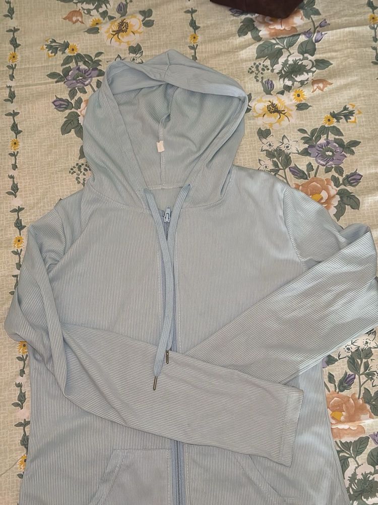 Light Blue Striped Hoodie Jacket