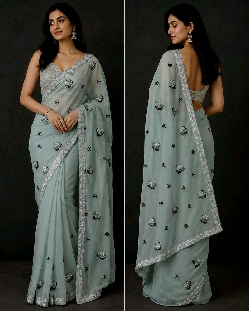 Embroidered Pastel green Saree+blouse