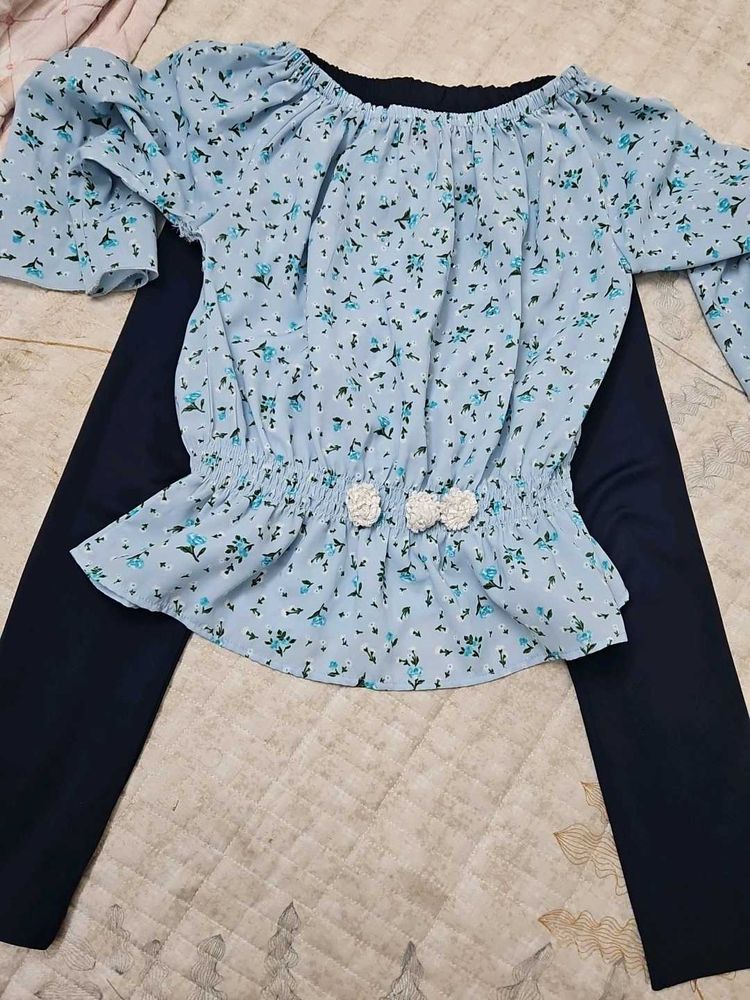 Light Blue Floral Off-Shoulder Top &amp; Legging