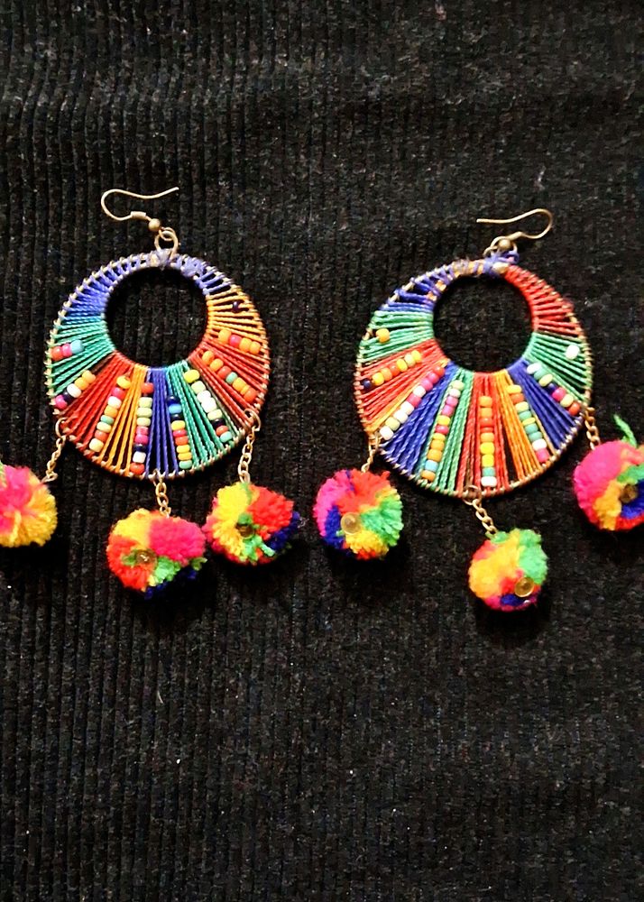 Boho Multicolor Pom Hoop Earring