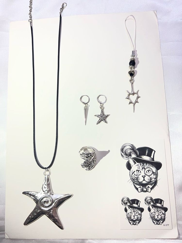 Gothic Star &amp; Cat Charm Jewelry Set