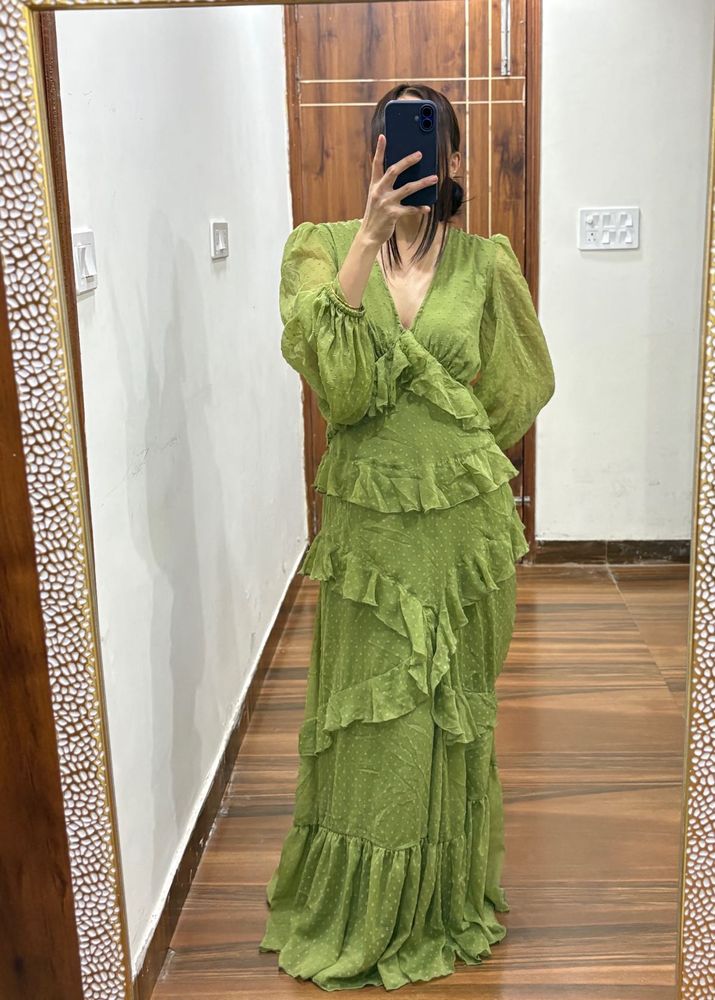 Olive Green Tiered Ruffled Swiss-Dot Maxi Dress