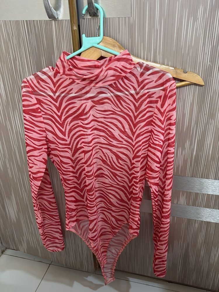 Sheer Zebra Print Mock Neck Bodysuit