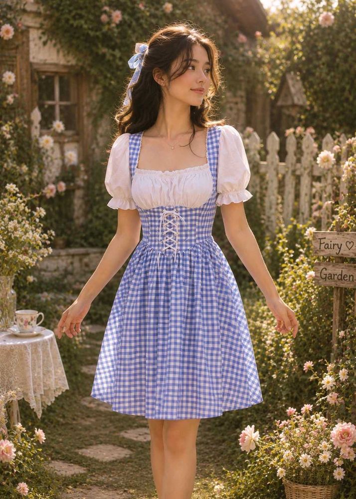 Blue Gingham Cottage core Milkmaid Dress