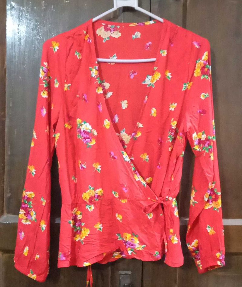 Chic Red Floral Wrap Top