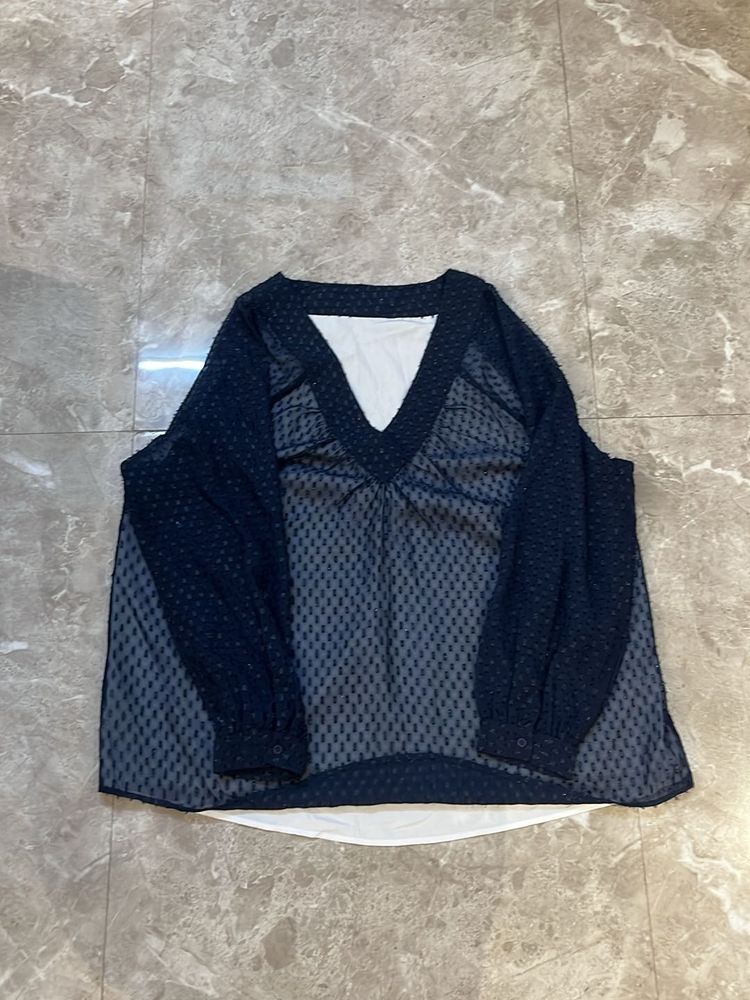 Navy Blue Sheer Textured V-Neck Top