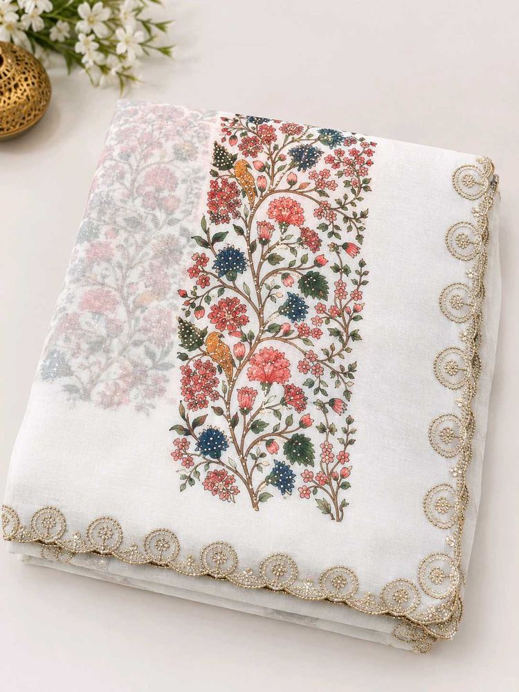 Elegant White Floral Printed Saree