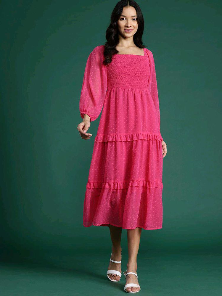 Chic Fuchsia Swiss Dot Tiered Dress