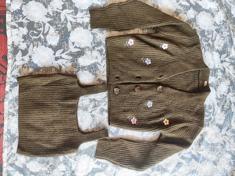 Olive Green Knit Cardigan with Flower Detail