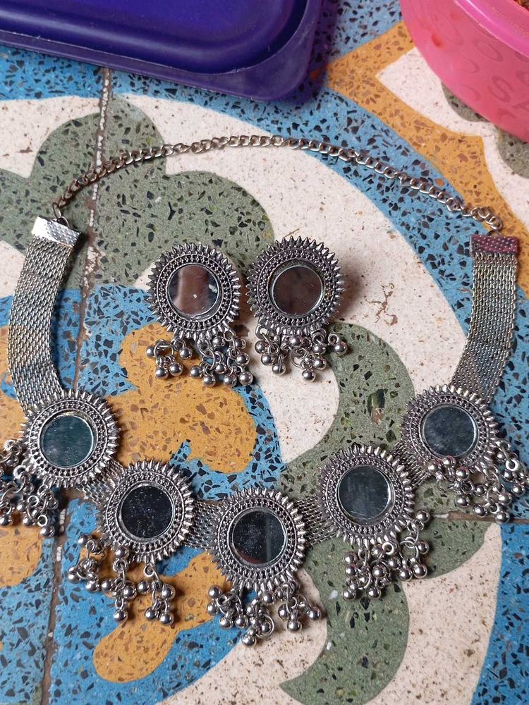 Oxidised Mirror Necklace and Earring Set