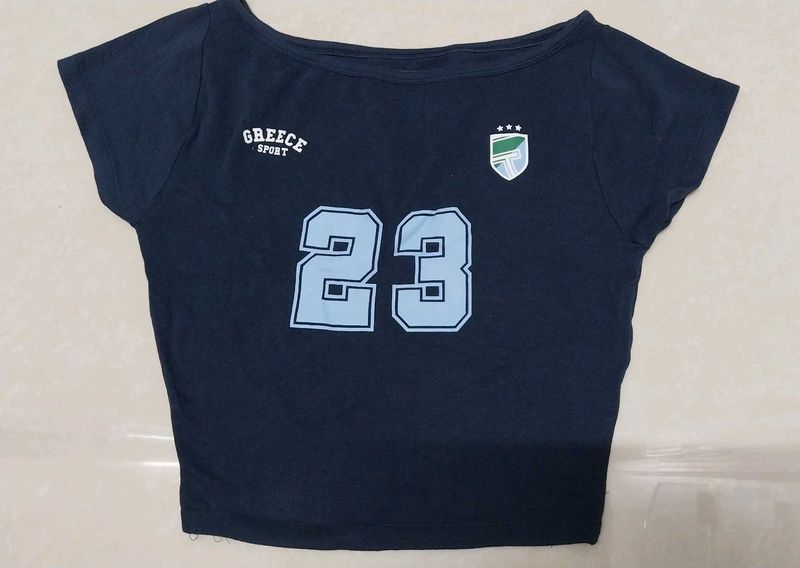 Navy Blue "Greece Sport" Cropped T-Shirt