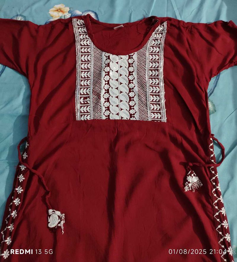 Red Embroidered Nayra Cut Kurti