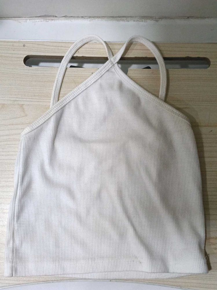 White Ribbed Halter Neck Tank Top