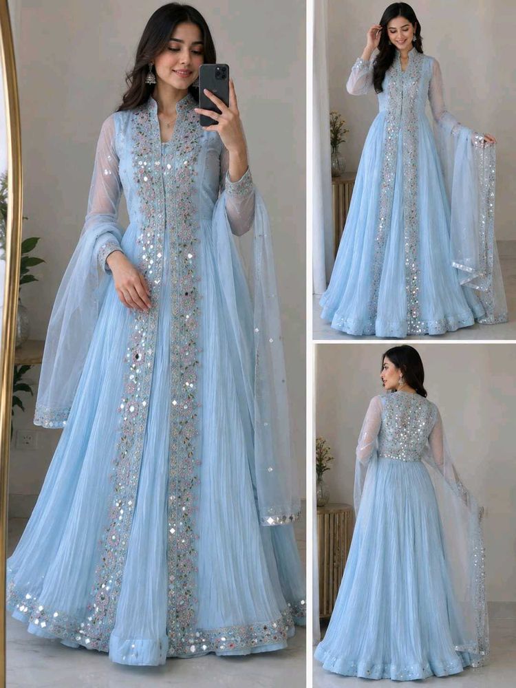 Stunning Blue Embellished Anarkali Gown