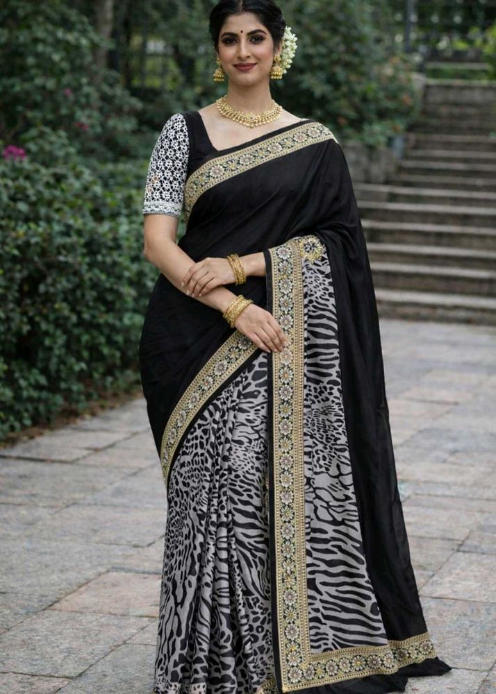Elegant Black Saree with Animal Print