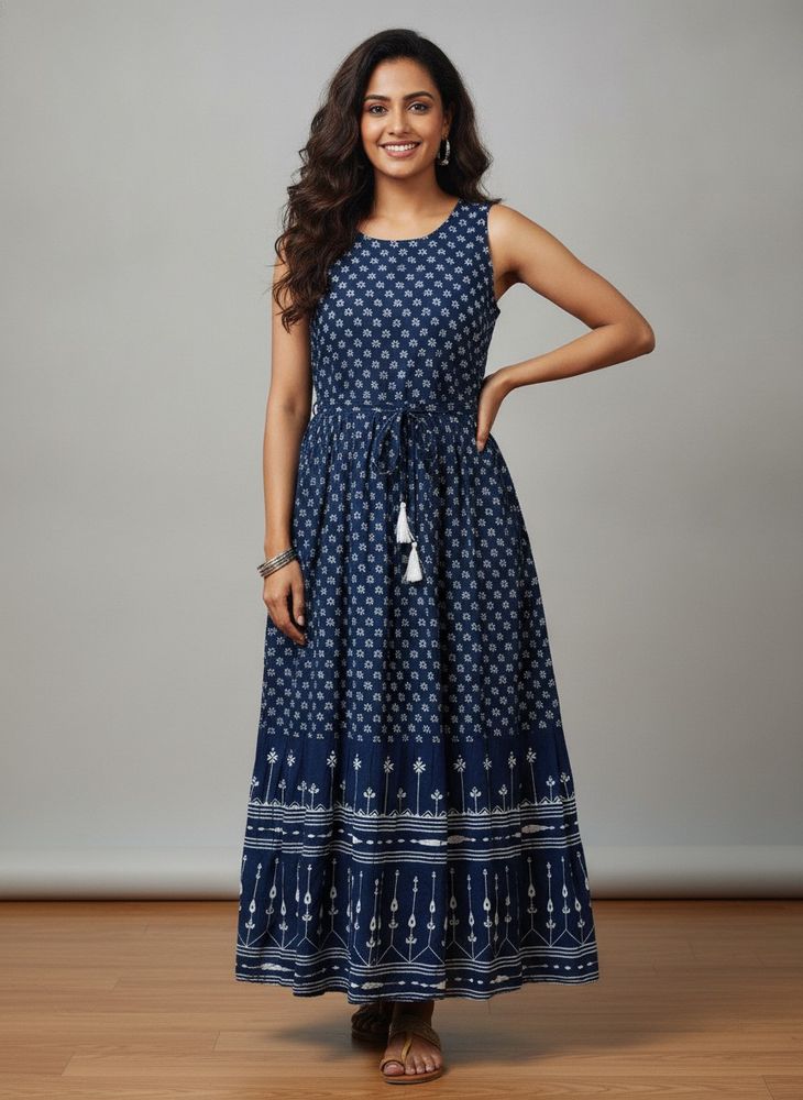 Blue Printed Sleeveless Maxi Dress