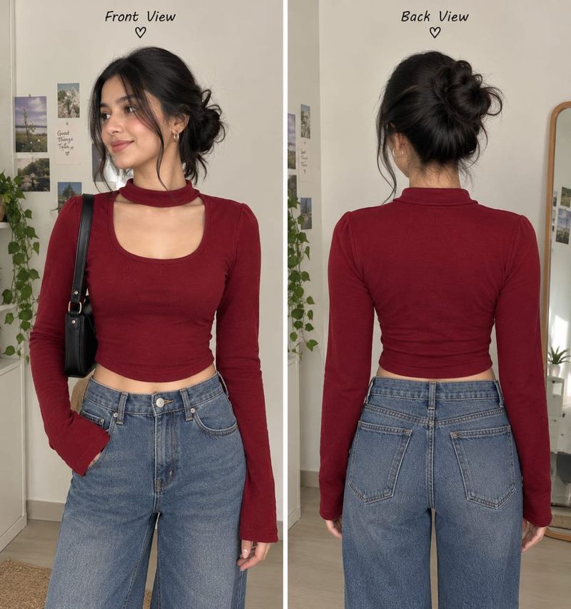Chic Maroon Cut-Out Long Sleeve Crop Top