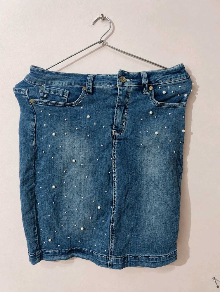 Pearl Embellished Denim Skirt
