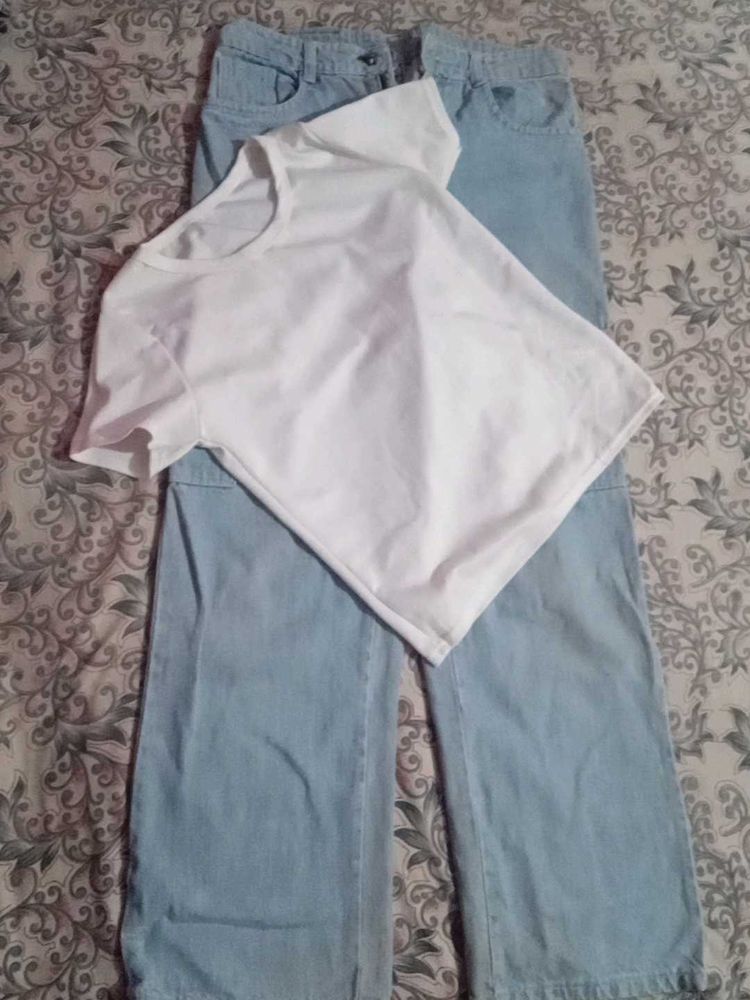 Cargo Wide Leg Jeans &amp; White T-Shirt Set