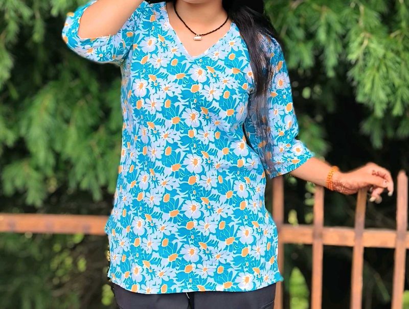 Blue Floral V-Neck short kurti
