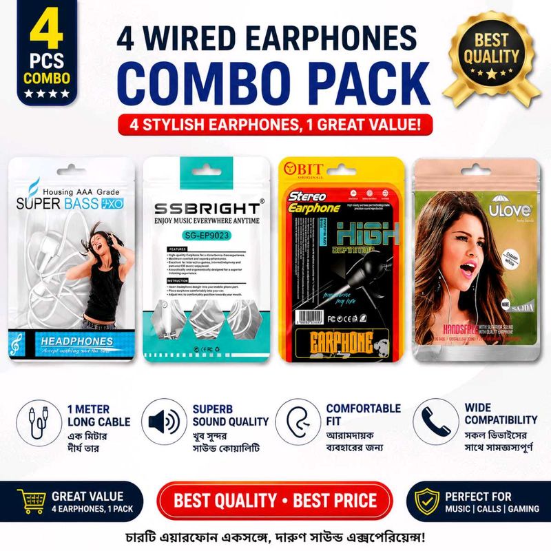 4 Wired Earphones Combo Pack