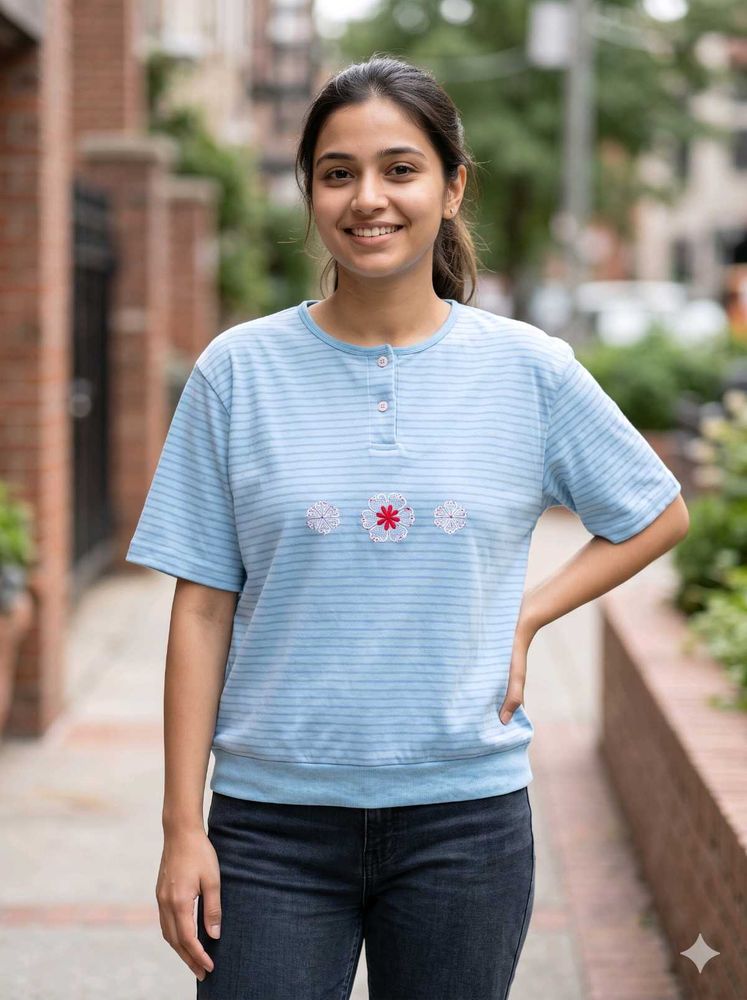 Light Blue Striped T-Shirt with Floral Detail