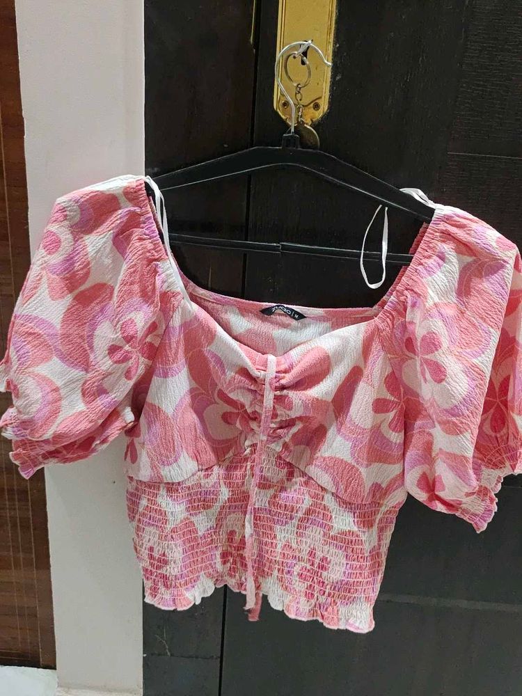 Pink Floral Puff Sleeve Ruched Top