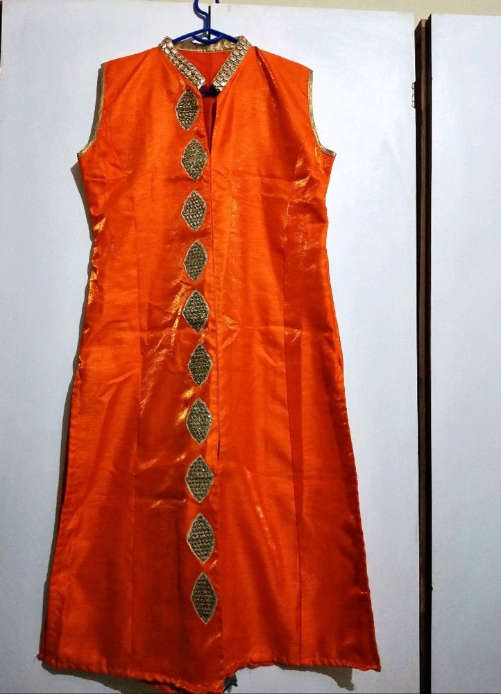 Women Orange Mirror Work Neck Embroidered Kurta