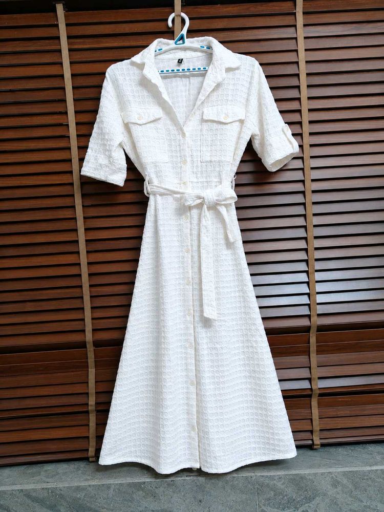 White Textured Waffle-Weave Belted Shirt Dress