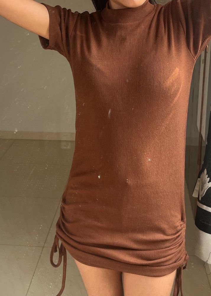 Brown Ribbed Bodycon Mini Dress