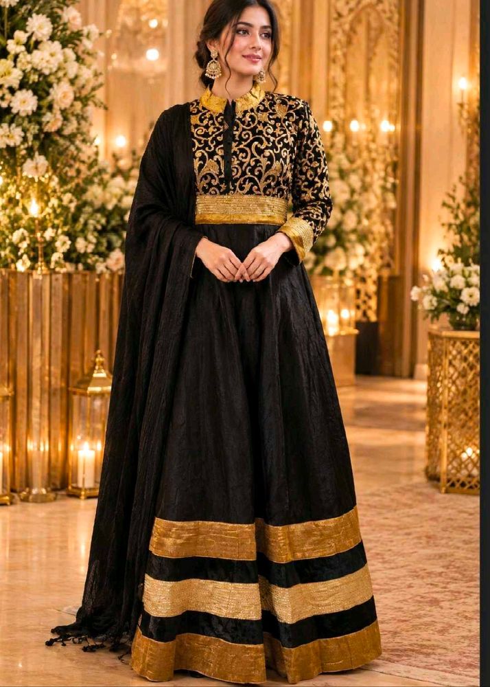 Elegant Black &amp; Gold Anarkali Gown