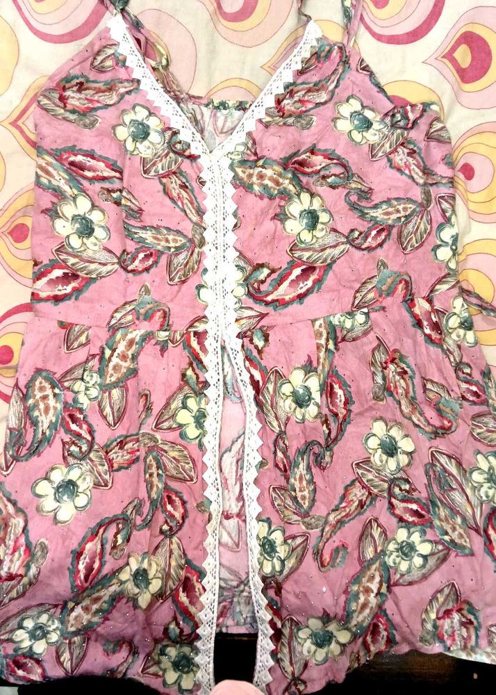 Pink Floral Print Kurti with Lace Trim