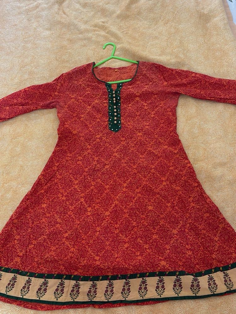 Orange Kurta with Green Neckline