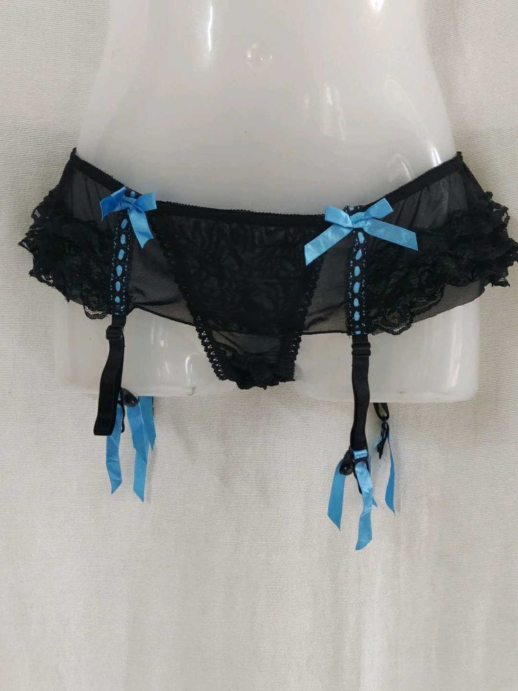 Lacy Black Garter Belt with Blue Bows