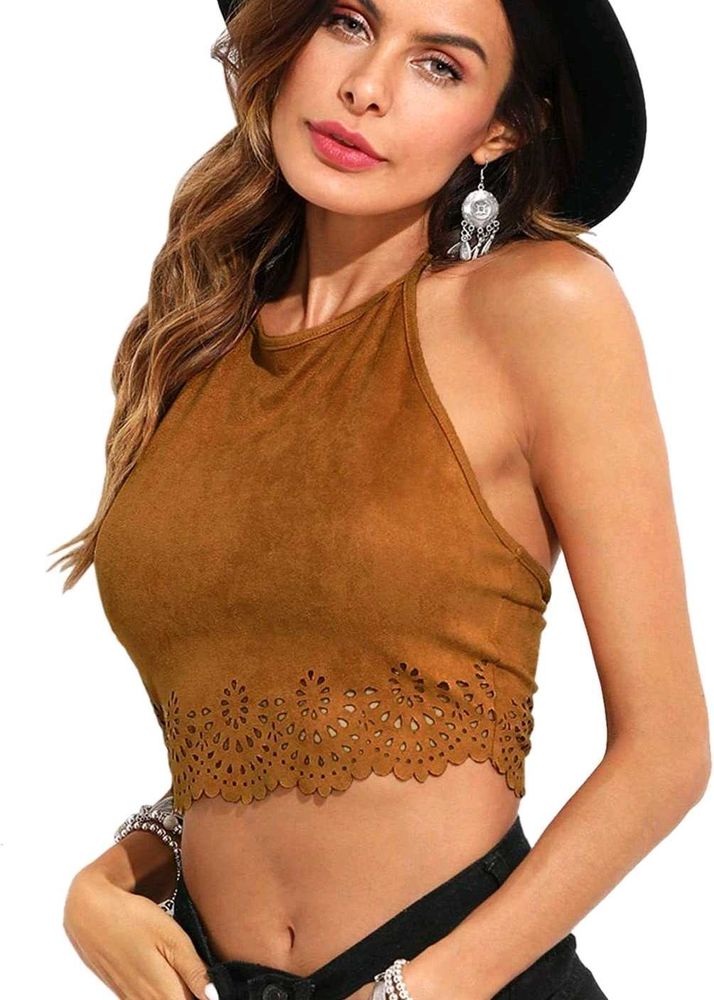 I. Brown Suede Cut-out Crop Top