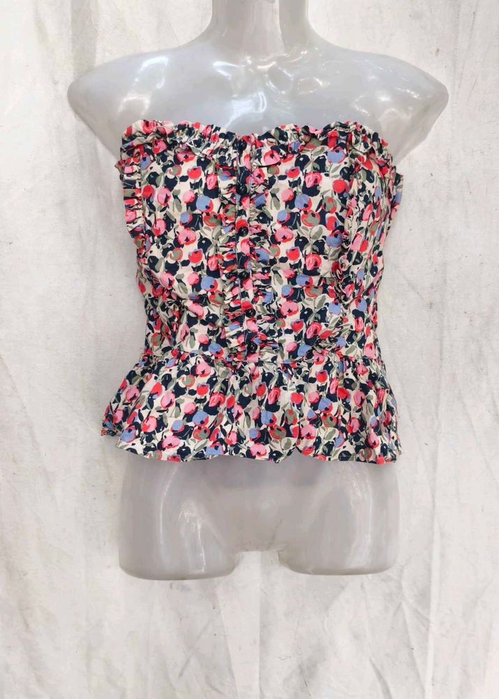 I. Floral Ruffle Strapless Top