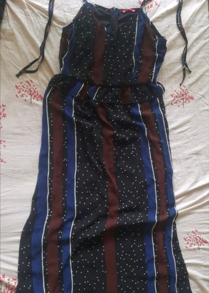 Long Dress Black With Tie Up Shoulder Straps And Brown And Blue Detail