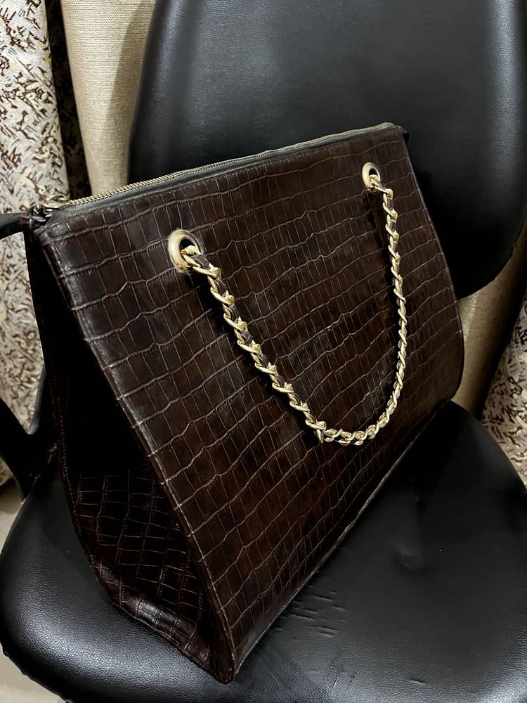 Brown Tote with Gold Chain